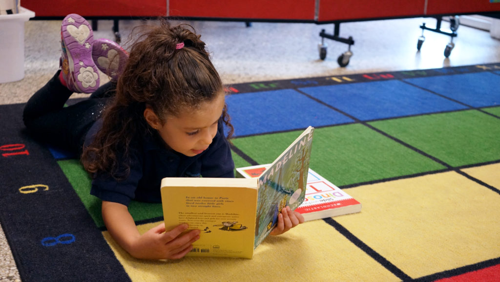 Preschool student reading a book